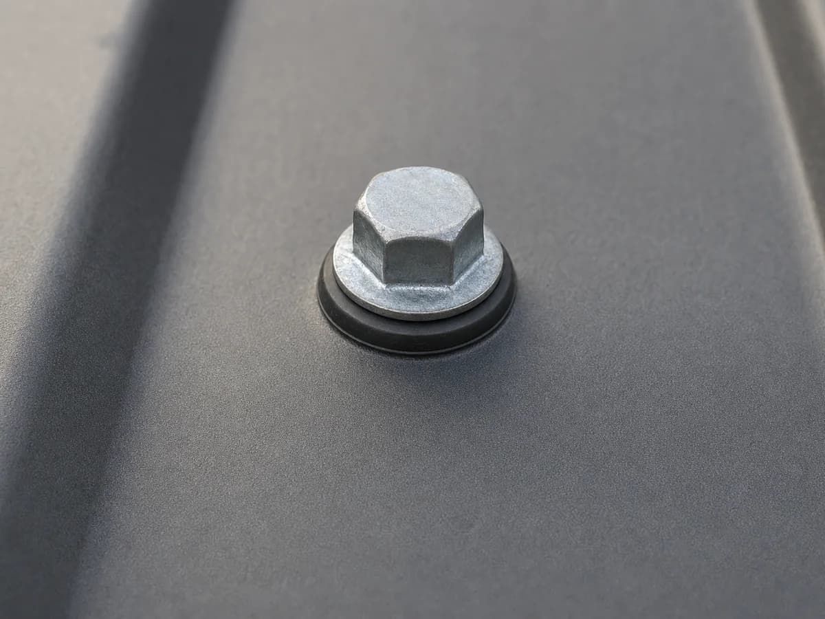 Close-up illustration of a metal roof screw and its sealing washer