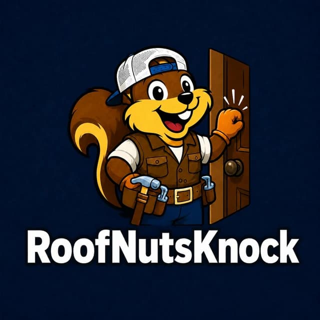 RoofNutsKnock logo: Rufus knocking on a front door