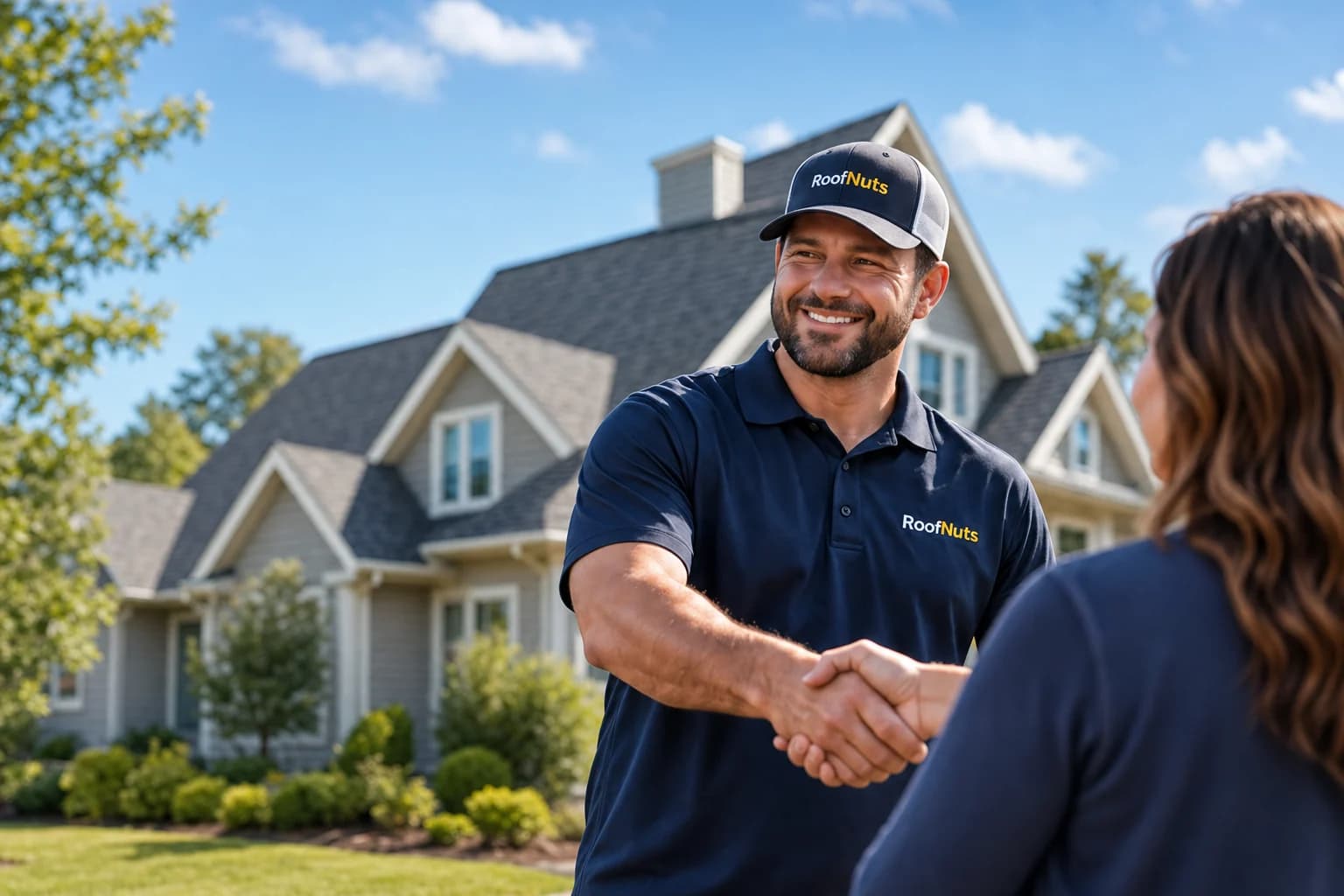 A smiling roofer in a RoofNuts cap and polo shaking hands with a homeowner